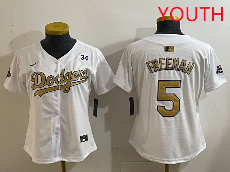 Youth Los Angeles Dodgers #5 Freeman White Champion gold character 2025 Nike MLB Jersey style 4125->youth mlb jersey->Youth Jersey